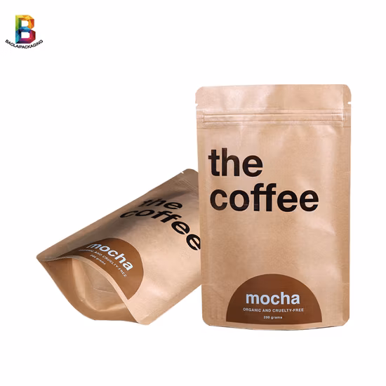 Custom Packaging Design Plastic Bag Biodegradable Zip Lock Stand up Packaging Pouch Zipper Waterproof Kraft Paper Bag with Valve for Coffee Bean, Tea, Pet Food