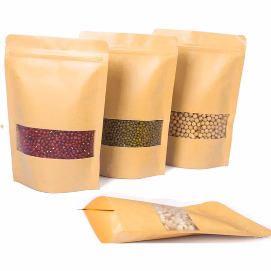 Custom Printed Biodegradable Doypack Zipper Stand up Pouch Packaging for Coffee Kraft Paper Bags with Clear Window