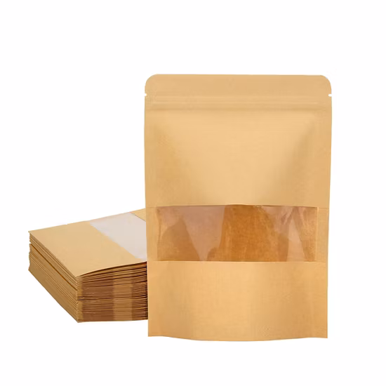 Custom Printed Biodegradable Doypack Zipper Stand up Pouch Packaging for Coffee Kraft Paper Bags with Clear Window