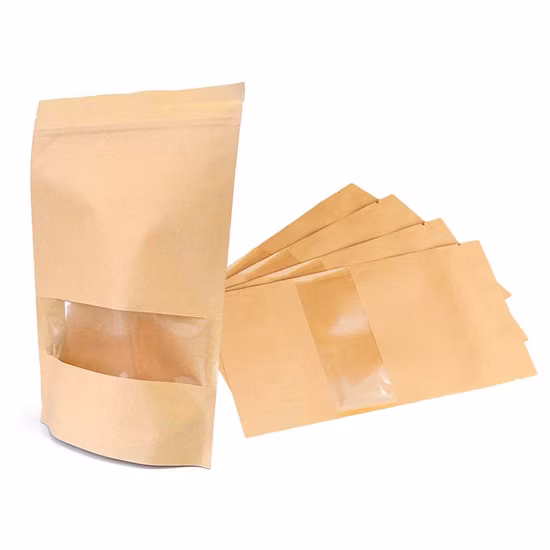 Custom Printed Biodegradable Doypack Zipper Stand up Pouch Packaging for Coffee Kraft Paper Bags with Clear Window