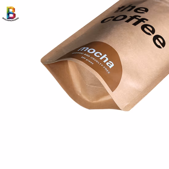 Custom Packaging Design Plastic Bag Biodegradable Zip Lock Stand up Packaging Pouch Zipper Waterproof Kraft Paper Bag with Valve for Coffee Bean, Tea, Pet Food