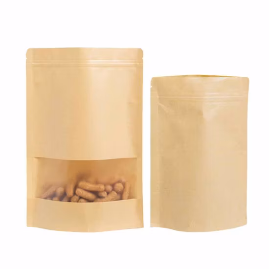 Custom Printed Biodegradable Doypack Zipper Stand up Pouch Packaging for Coffee Kraft Paper Bags with Clear Window