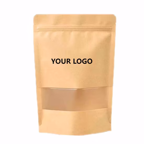 Confezione stand up con cerniera doypack biodegradabile stampata personalizzata per sacchetti di carta kraft per caffè con finestra trasparente