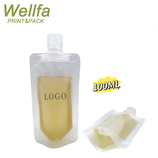 Logo personalizzato stampato 100ml trasparente lozione shampoo campione da viaggio liquido sacchetto di imballaggio a conchiglia in plastica borsa di ricarica con beccuccio