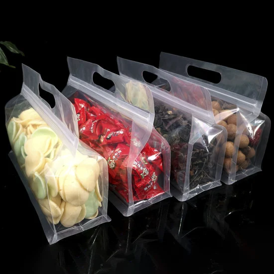 Scatola piatta trasparente trasparente con sacchetti per imballaggio alimentare richiudibili con cerniera in plastica con manico in polietilene