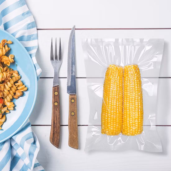 Borsa a storta piatta biodegradabile compostabile in nylon senza BPA con 3 guarnizioni laterali Borsa per conservazione sottovuoto in rilievo per alimenti surgelati a base di carne