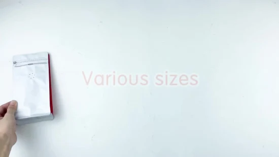 Custodia stand-up bianca stampata personalizzata con soffietto laterale, chiusura a scatto e cerniera con valvola, borsa per imballaggio del caffè con fondo piatto