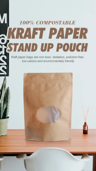 Sacchetti compostabili personalizzati con cerniera per alimenti, snack, buste stand up, caffè, tè, carta kraft, cerniera, sacchetti doypack biodegradabili con finestra